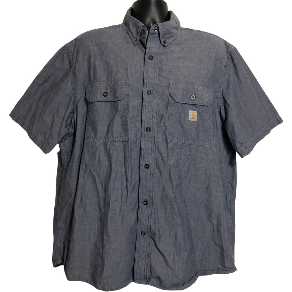 Carhartt Men's Loose Fit Denim Blue Chambray Button Front Short Sleeve Shirt XL